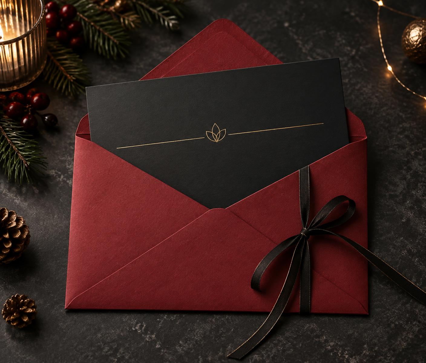 Carte cadeau noire élégante glissée dans une enveloppe rouge de Noël